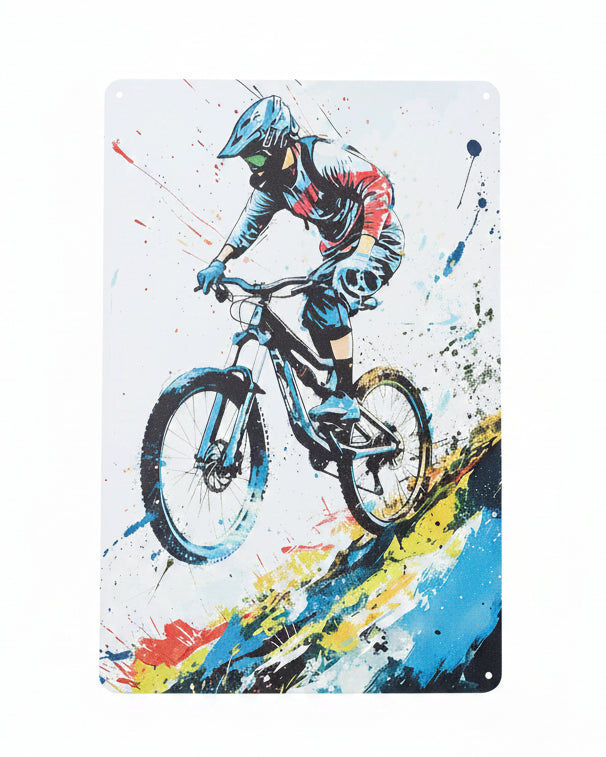 Retro Blechschild Biker downhill white