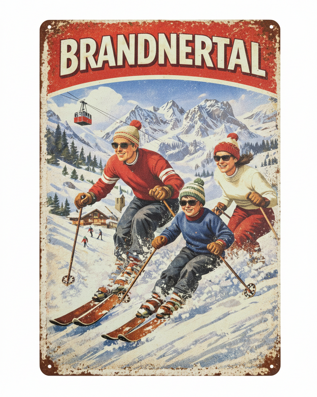 Retro Blechschild Heimat Brandnertal Skifahrer Familie