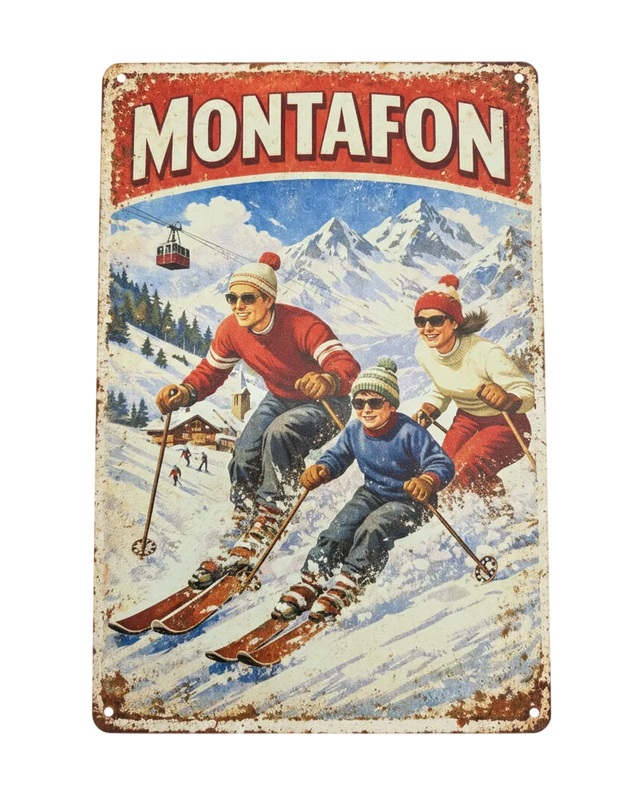 Retro Blechschild Heimat Montafon Skifahrer Familie