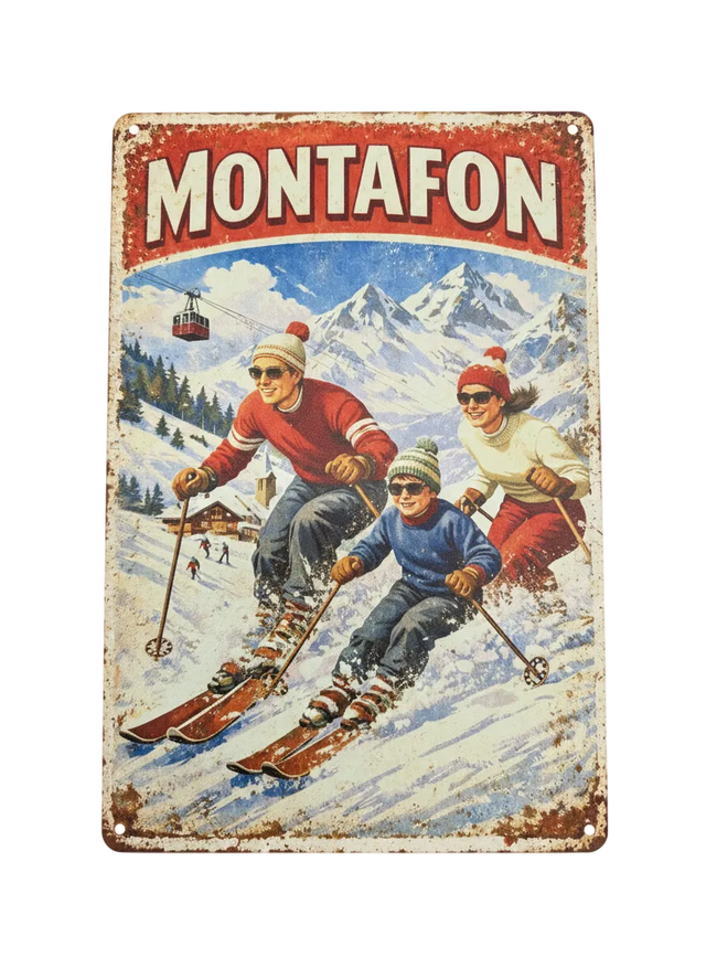 Retro Blechschild Heimat Montafon Skifahrer Familie