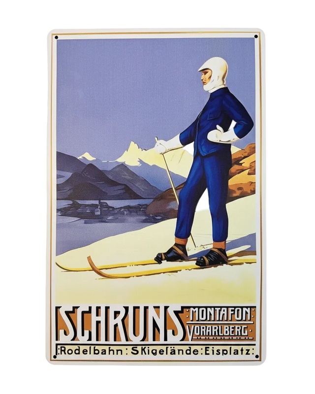 Retro Blechschild Heimat Schruns - Skifahrer