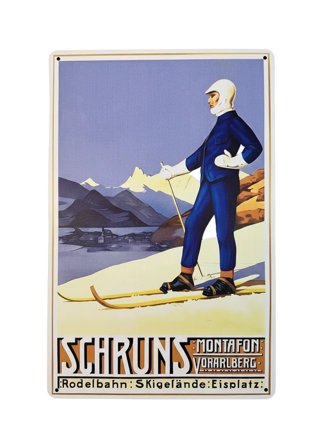 Retro Blechschild Heimat Schruns - Skifahrer