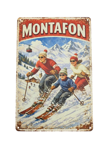 Retro Blechschild Heimat Montafon Skifahrer Familie